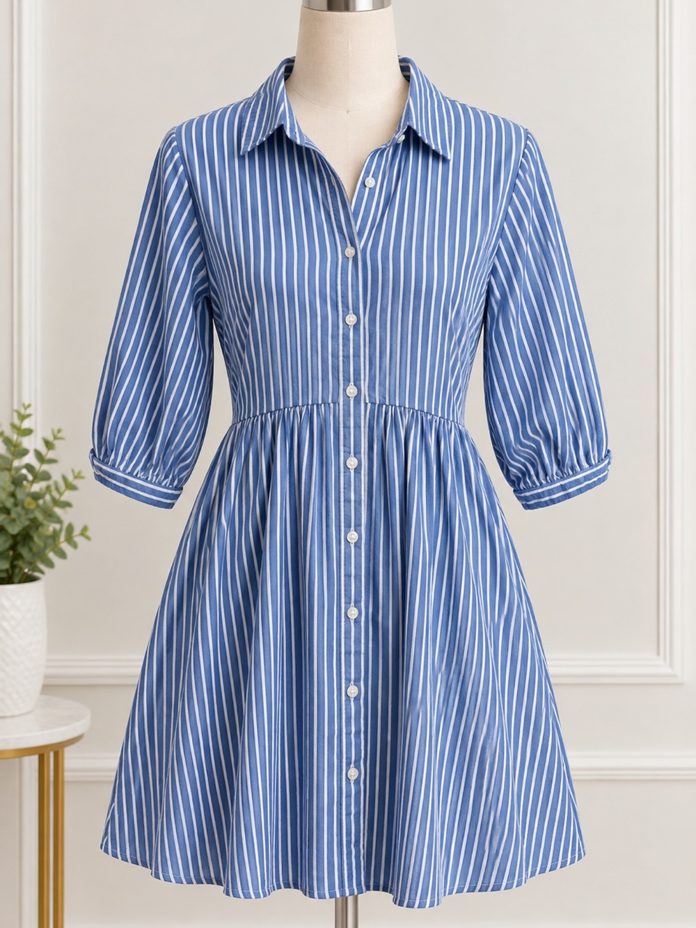 Girls Blue & White Striped Button-Front Dress small for ladies